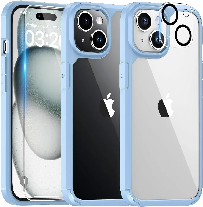 TAURI for iPhone 15 Plus Case, [5 in 1] 1X Clear Case [Not-Yellowing] with 2X Screen Protector + 2X Camera Lens Protector, [Militarized Drop Defense] Slim Phone Case 6.7 inch, Light Blue