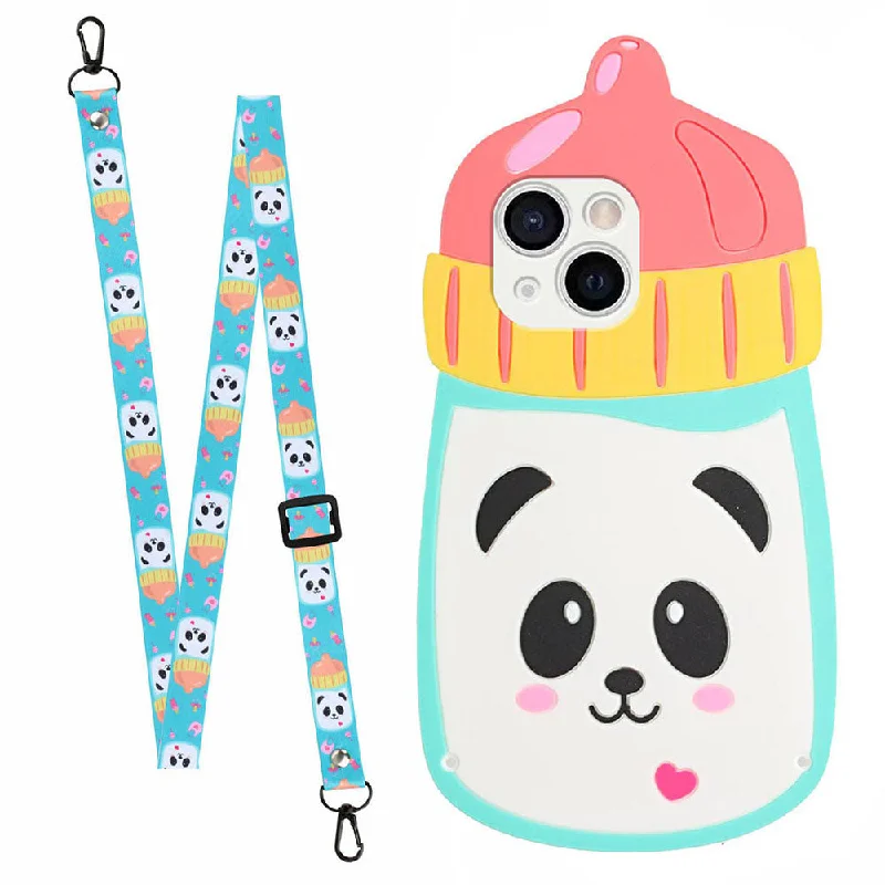 3D Cartoon Outer Silicone Phone Case for iPhone 13 6.1 inch, Soft Inner TPU Protective Cover with Shoulder Strap