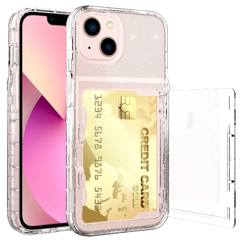 Acrylic+TPU Hybrid Case Protective Cover with Card Holder and Hidden Mirror for iPhone 13 6.1 inch