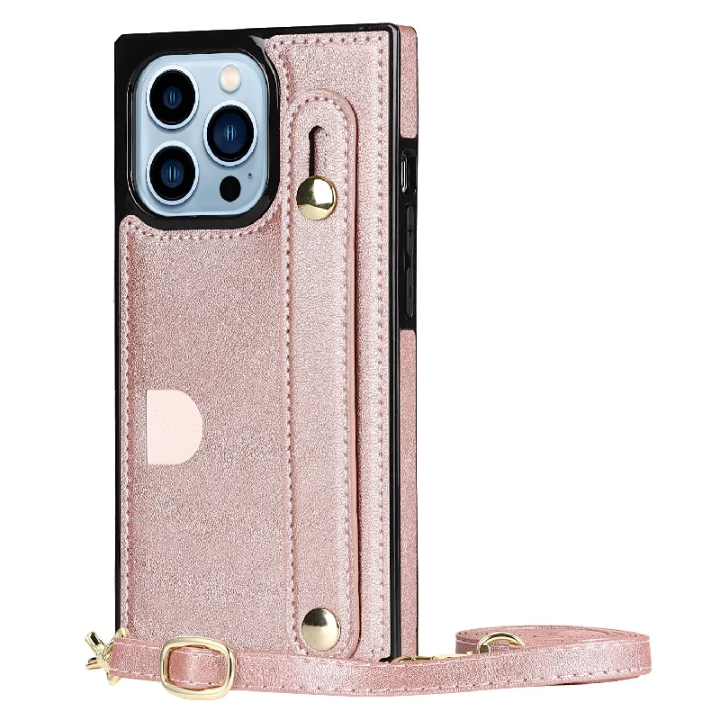 Anti-fingerprint Quality PU Leather and TPU Cover Practical Kickstand Card Slot Design Phone Case with Strap for iPhone 13 Pro Max 6.7 inch