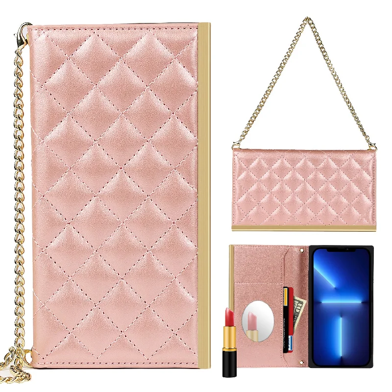 Built-in Makeup Mirror Phone Case Grid Texture Phone Bag Leather Hand Bag for iPhone 13 Pro Max 6.7 inch