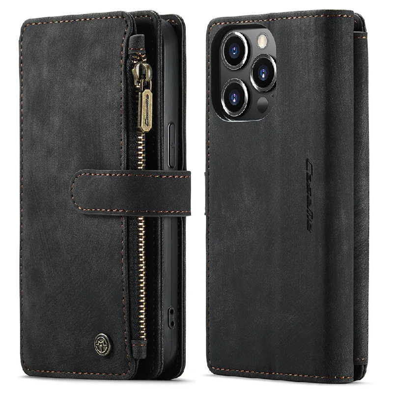 CASEME C30 Series For iPhone 13 Pro 6.1 inch Zipper Pocket Supporting Stand Design Shockproof PU Leather TPU Wallet Cover Flip Case Phone Case