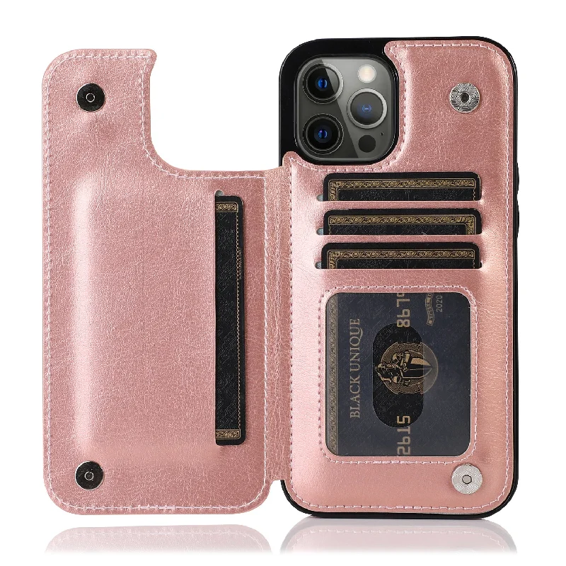 Double Magnetic Buttons PU Leather Coated TPU Phone Case Crazy Horse Texture Kickstand Card Holder Scratch-resistant Phone Cover for iPhone 13 Pro Max 6.7 inch