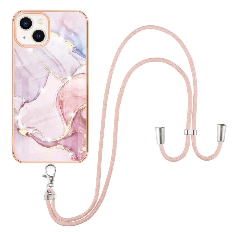 Drop Buffer IML IMD Marble Pattern Electroplating Frame TPU Phone Cover Case with Adjustable Lanyard for iPhone 13 6.1 inch