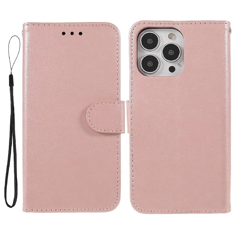 Durable Magnetic Solid Color PU Leather Folio Wallet Stand Flip Cover Case with Wrist Strap for iPhone 13 Pro 6.1 inch