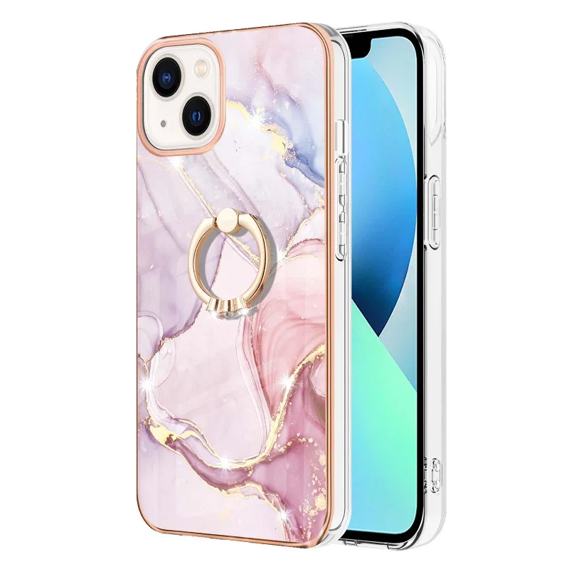 Electroplating IML IMD Marble Pattern Anti-Deforming Flexible TPU Phone Cover Case with Kickstand for iPhone 13 6.1 inch