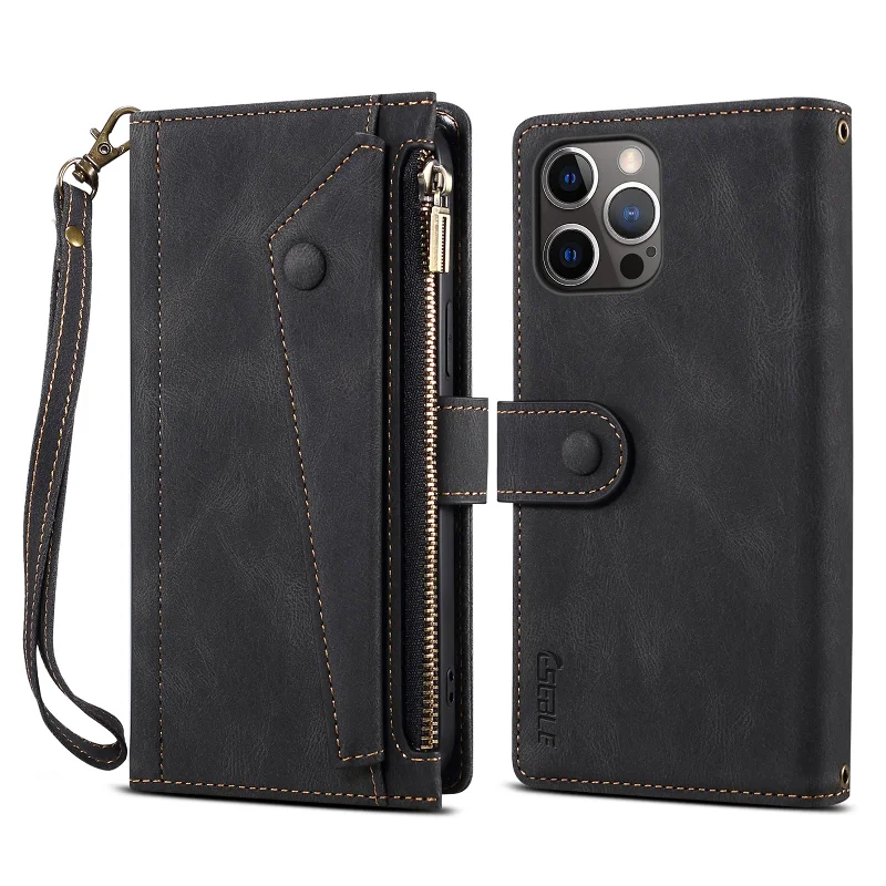 ESEBLE For iPhone 13 Pro 6.1 inch Multifunction Zipper Pocket Wallet Stand Cover Shockproof Phone Case with Wrist Strap