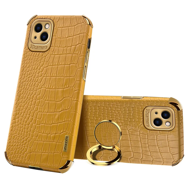 For iPhone 13 6.1 inch 6D Electroplated Stylish Crocodile Texture Leather Coated TPU Shockproof Phone Case with Finger Ring Holder