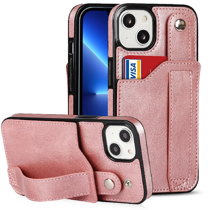 For iPhone 13 6.1 inch RFID Blocking Function Scratch-resistant Hand Strap Kickstand Design PU Leather Coated TPU Cover with Card Slot