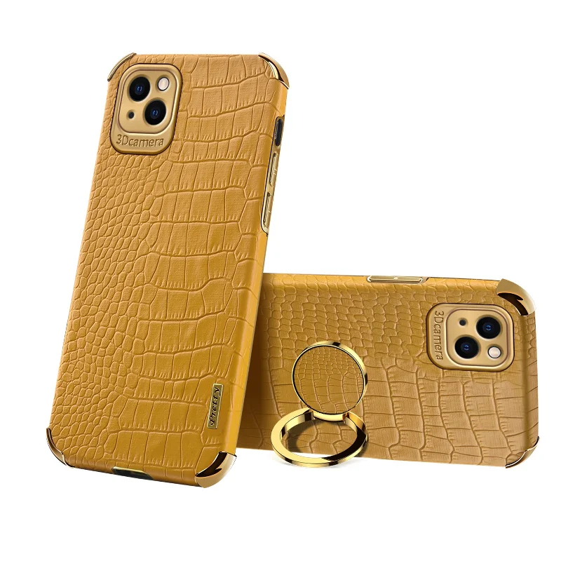 For iPhone 13 mini 5.4 inch 6D Precise Cutout Electroplated Crocodile Texture Leather Coated TPU Phone Case with Finger Ring Kickstand