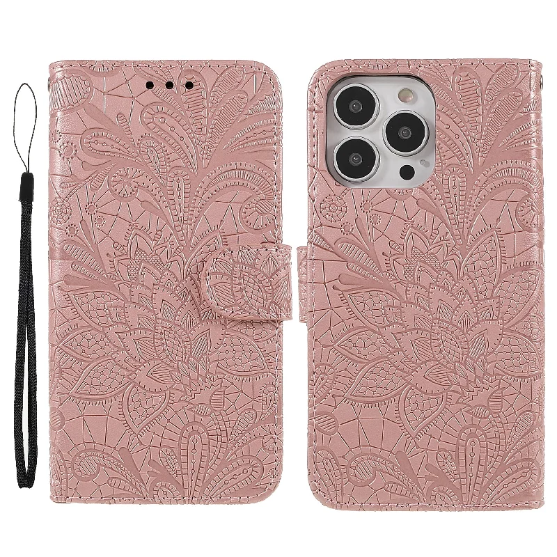 Imprinted Lace Flowers Pattern PU Leather TPU Inner Wallet Stand Flip Cover with Strap for iPhone 13 Pro 6.1 inch