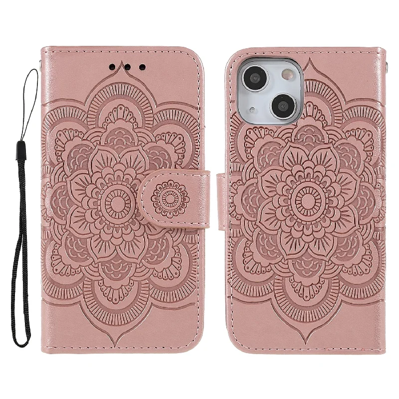 Imprinting Mandala Flower PU Leather Phone Stand Cover Wallet Case with Strap for iPhone 13 6.1 inch