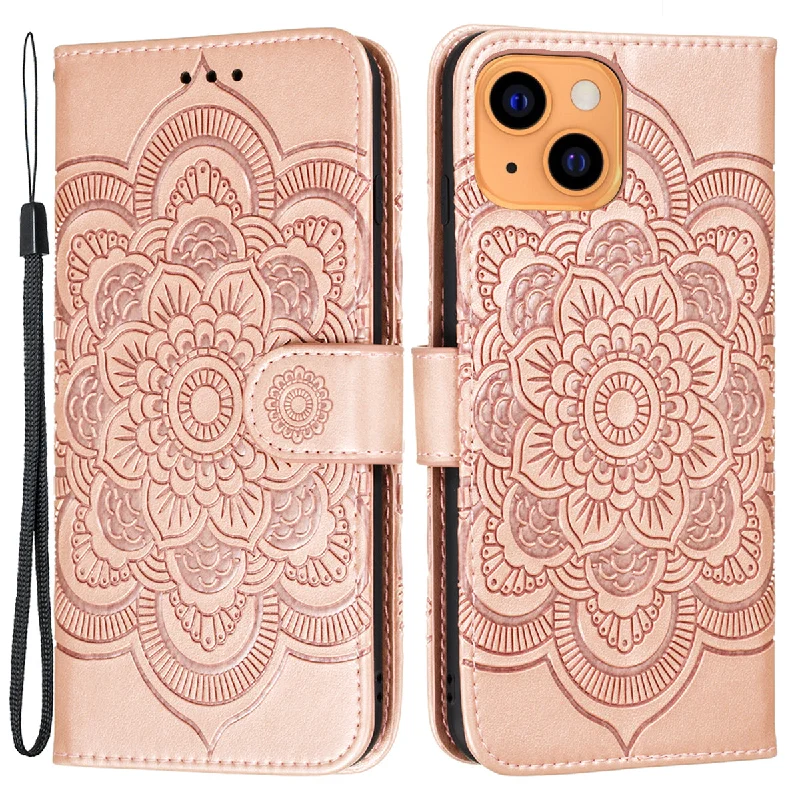 Imprinting Mandala Flower Scratch-resistant Leather Phone Cover Stand Wallet Protective Case for iPhone 13 mini 5.4 inch