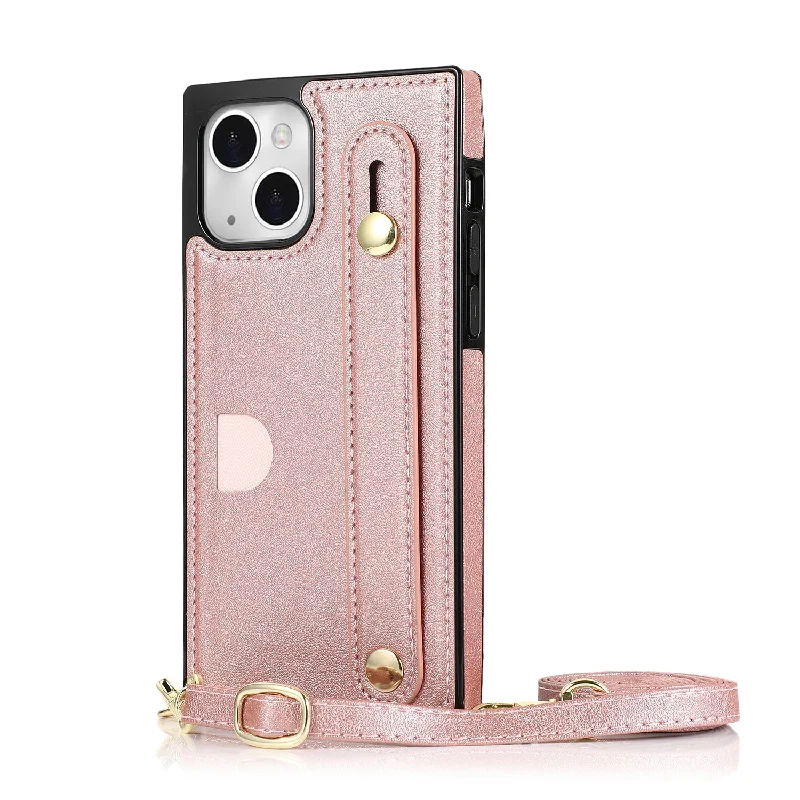 Kickstand Design PU Leather Coated TPU Cover Card Slot Design Hand Strap Case with Long Lanyard for iPhone 13 mini 5.4 inch