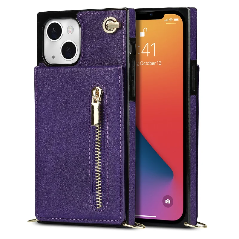 Kickstand Design PU Leather Phone Cover Anti-scratch Card Slots Zippered Wallet Pouch with Shoulder Strap for iPhone 13 mini 5.4 inch