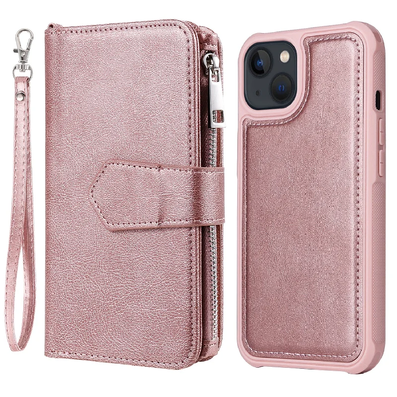 KT Leather Series-3 Detachable 2-in-1 Design Zipper Design PU Leather TPU Phone Covering Case Wallet Stand Shell for iPhone 13 6.1 inch