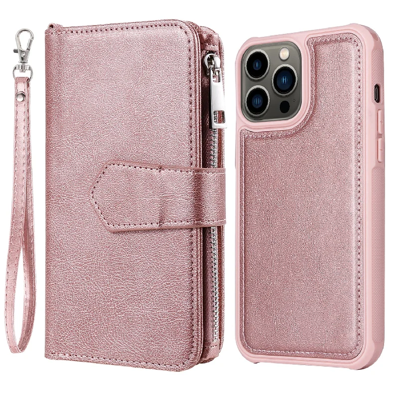 KT Leather Series-3 PU Leather and Detachable TPU Flip Phone Case Wallet Stand Zipper Design Shell for iPhone 13 Pro 6.1 inch