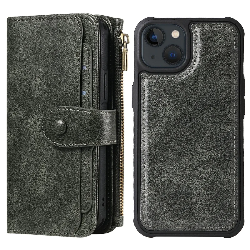 KT Multi-functional Series-3 Large Capacity Zipper Pocket Leather Cover for iPhone 13 6.1 inch, Detachable Magnetic Suction Phone Case with Built-in Metal Sheet