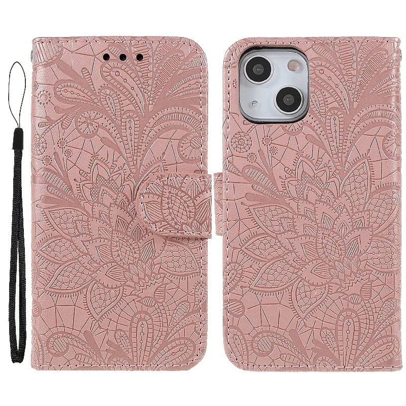 Lace Flowers Pattern Imprinting Folio Soft PU Leather Wallet Stand Magnetic Closure Cover with Wrist Strap for iPhone 13 mini 5.4 inch