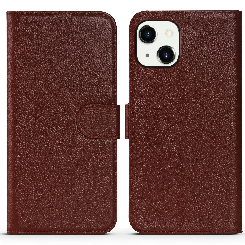 Litchi Texture Wallet Case Genuine Leather Folio Flip Cover with Horizontal Viewing Stand for iPhone 13 mini 5.4 inch