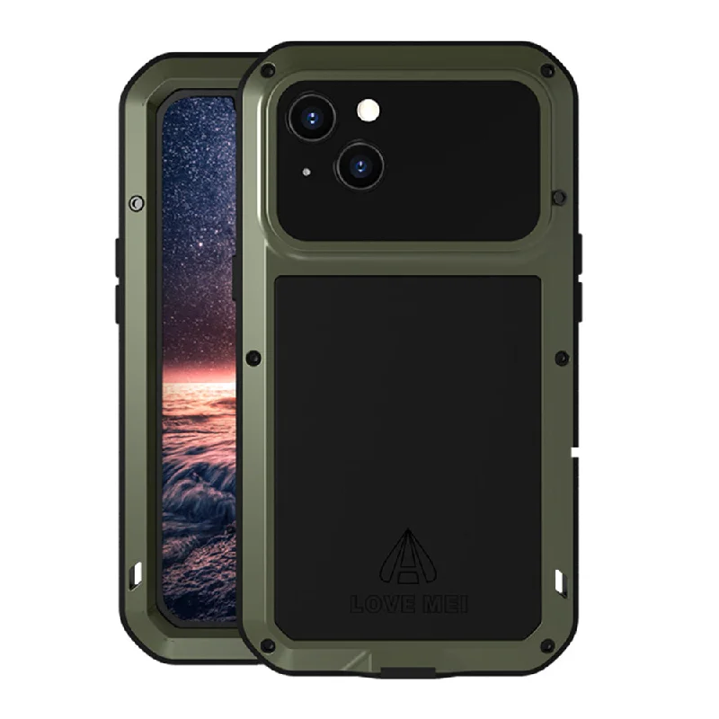 LOVE MEI Full-Body Rugged Metal Bumper Silicone Case Built-in Tempered Glass Screen Protector for iPhone 13 6.1 inch