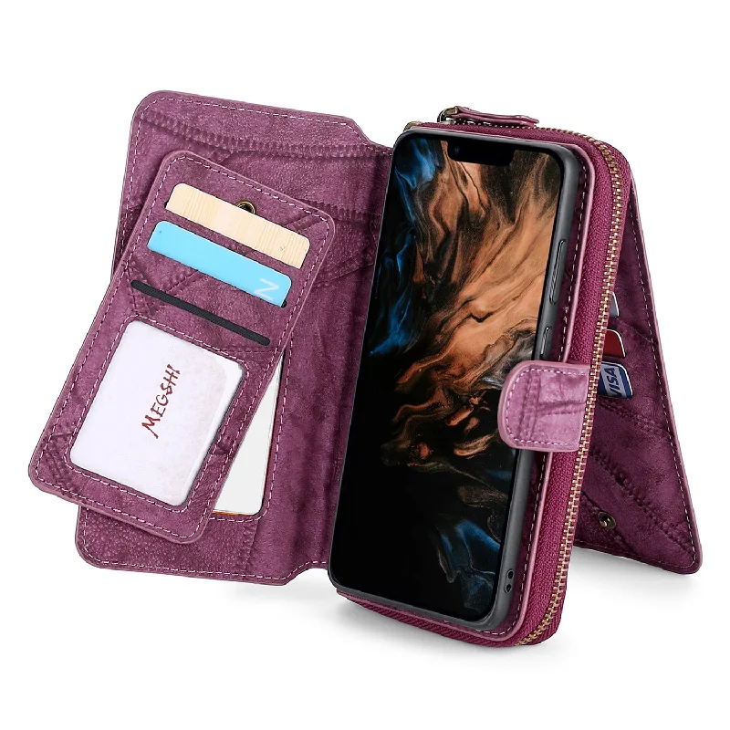 MEGSHI 004 Series Detachable Stand Design Zipper Pocket Shockproof PU Leather TPU Wallet Cover Flip Case for iPhone 13 Pro