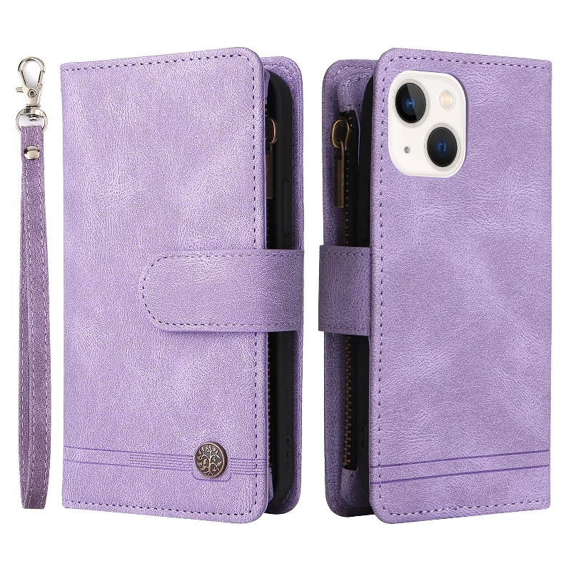 Mobile Phone Stripes Imprinted Skin-touch Wallet Stand Leather Cover Card Slots Flip Protective Case with Zipper Pocket for iPhone 13 mini 5.4 inch