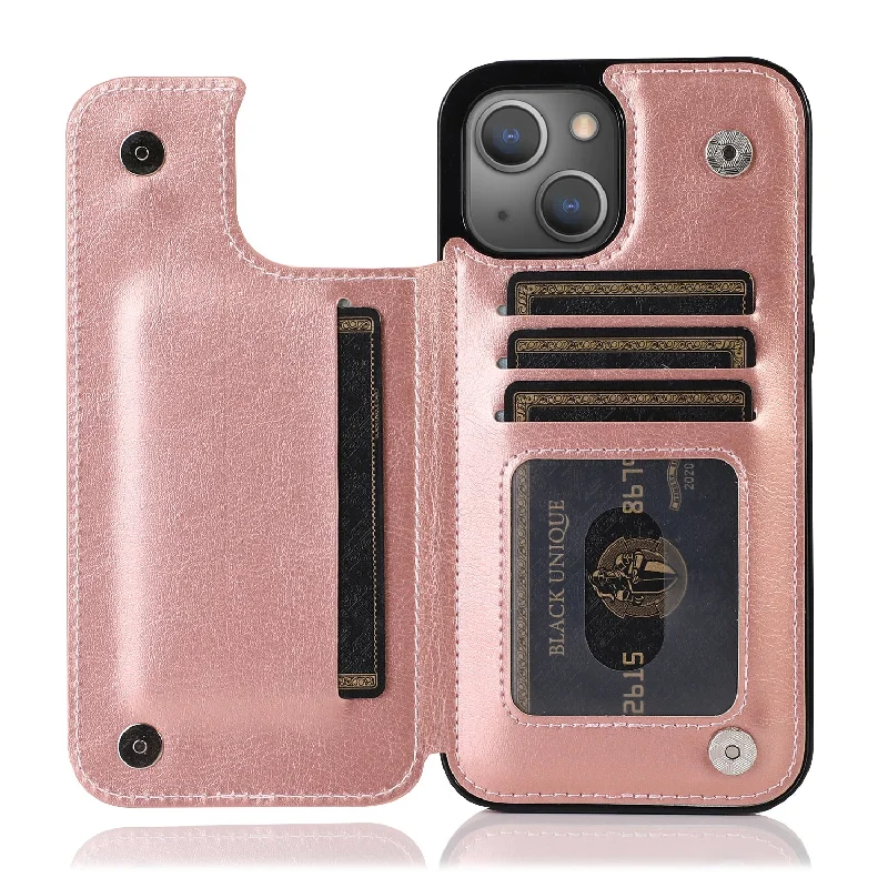 PU Leather Coated TPU Phone Case Double Magnetic Buttons Crazy Horse Texture Kickstand Card Holder Scratch-resistant Phone Cover for iPhone 13 6.1 inch