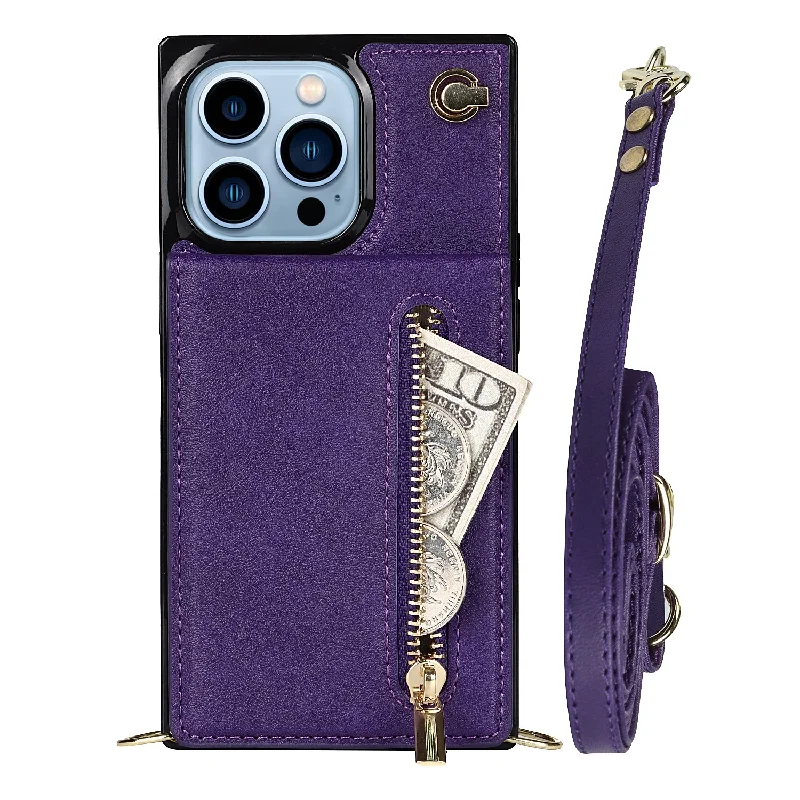 PU Leather Kickstand Phone Case Well-protected Classic Zippered Wallet Pouch with Shoulder Strap for iPhone 13 Pro 6.1 inch