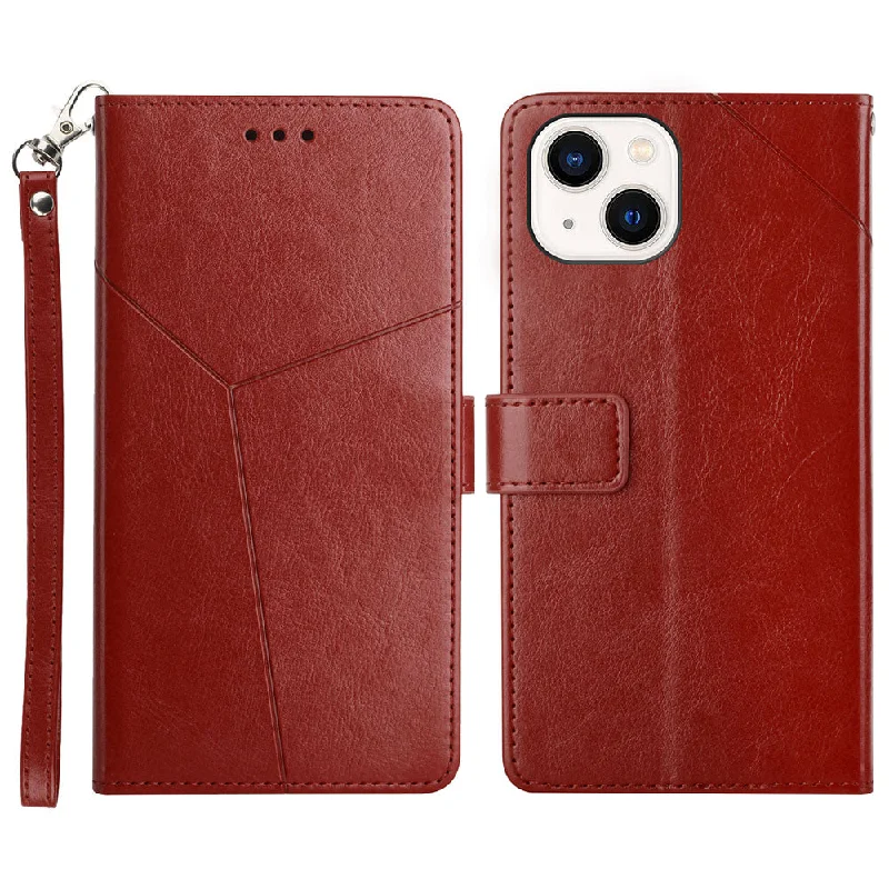 PU Leather Phone Case Imprinting Stylish Y-shaped Line Wallet Shell Stand Cover for iPhone 13 6.1 inch