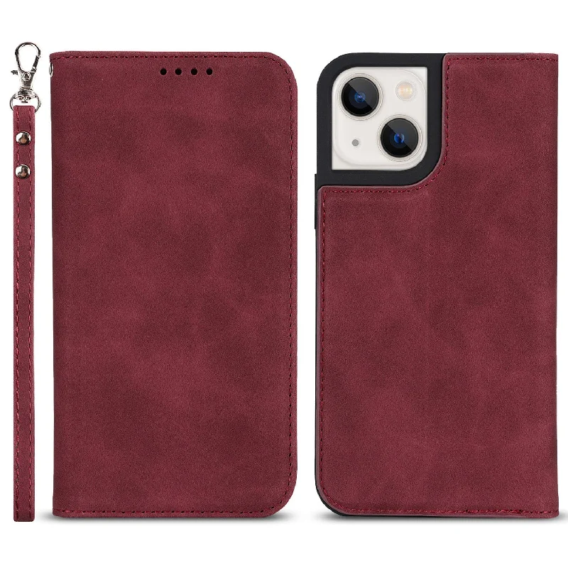 PU Leather Skin-touch Feeling Auto-absorbed Phone Case Shell with Wallet Stand for iPhone 13 6.1 inch