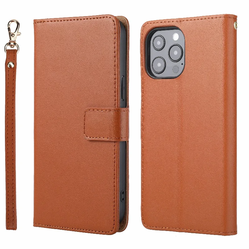 Retro Style Anti-drop Genuine Leather Phone Cover Wallet Stand Shell with Strap Phone Case for iPhone 13 Pro 6.1 inch