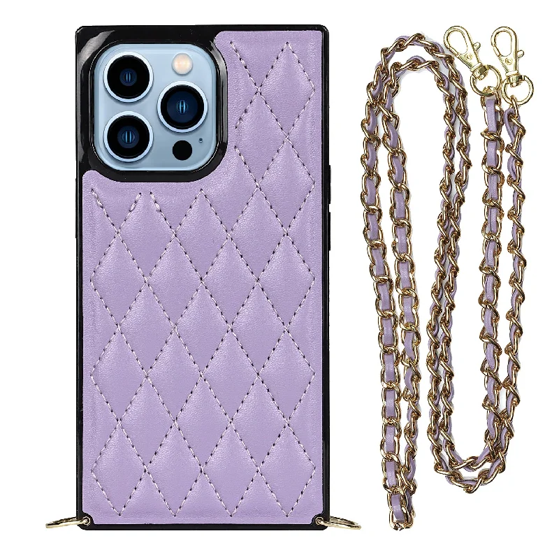 Rhombus Grid Pattern Well-protected Microfiber Leather Coated TPU Phone Case Cover with Metal Shoulder Strap for iPhone 13 Pro Max 6.7 inch