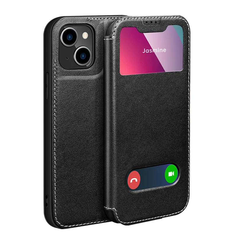 Shock Resistant Phone Case View Window Function Genuine Leather Stand Phone Shell Cover for iPhone 13 6.1 inch