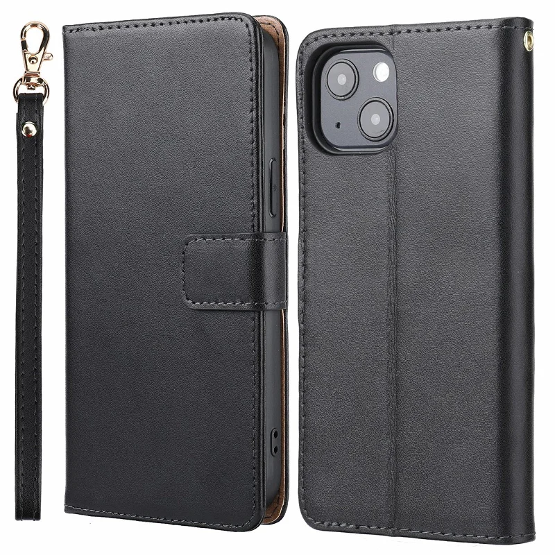 Shockproof Phone Case Genuine Leather TPU Phone Cover Wallet Stand Shell with Strap for iPhone 13 6.1 inch