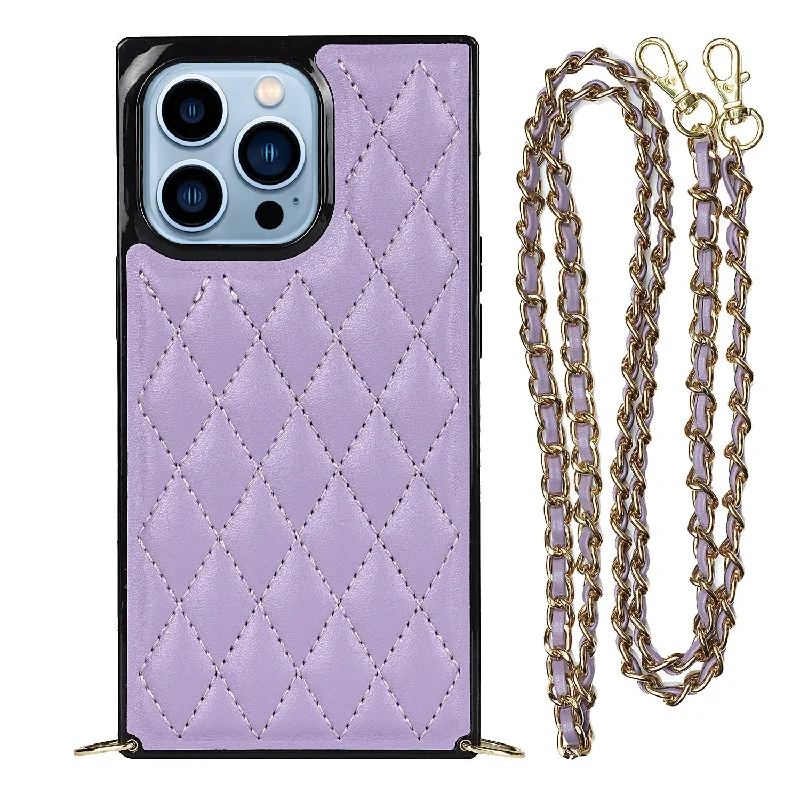 Shockproof Rhombus Grid Microfiber Leather and TPU Phone Back Case Phone Cover with Metal Long Shoulder Strap for iPhone 13 Pro 6.1 inch