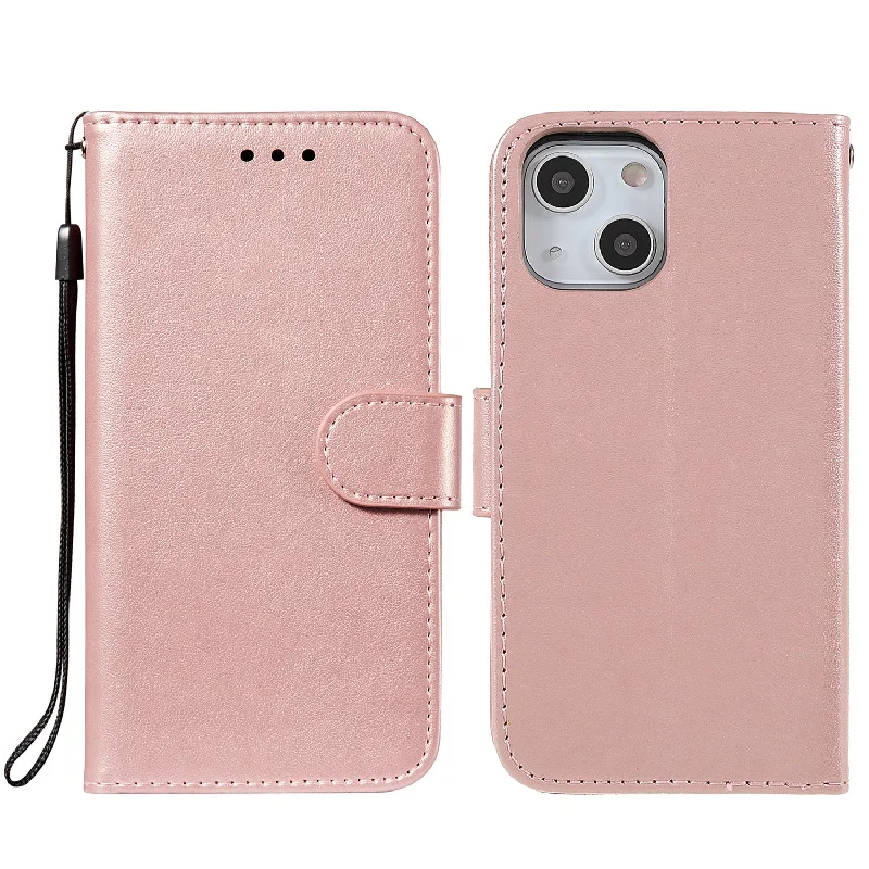 Solid Color PU Leather Wallet Case Magnetic Closure Stand Feature Flip Cover with Strap for iPhone 13 6.1 inch