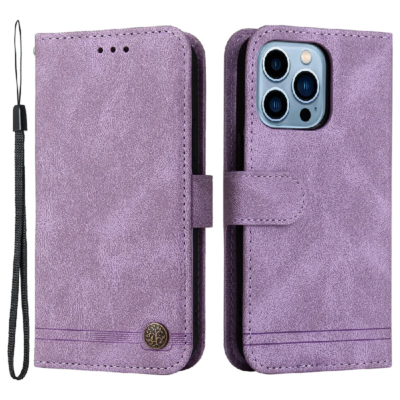 Stand Wallet Design Tree Pattern Metal Button Decor Phone Case Cover with Strap for iPhone 13 Pro 6.1 inch