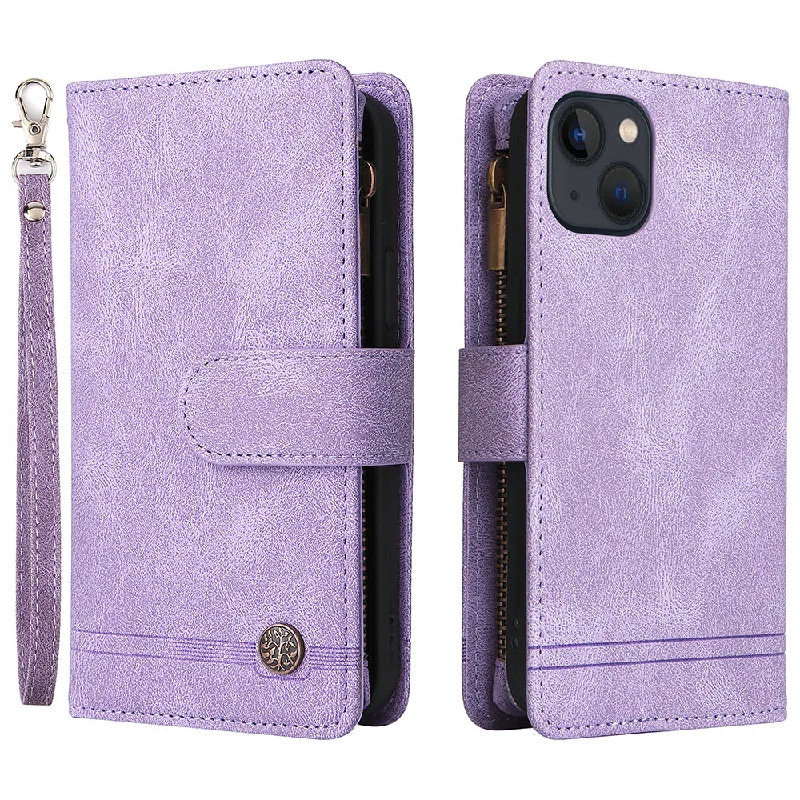 Stripes Imprinted Skin-touch Wallet Stand Fully Wrapped Leather Cover Card Slots Phone Case with Zipper Pocket for iPhone 13 6.1 inch