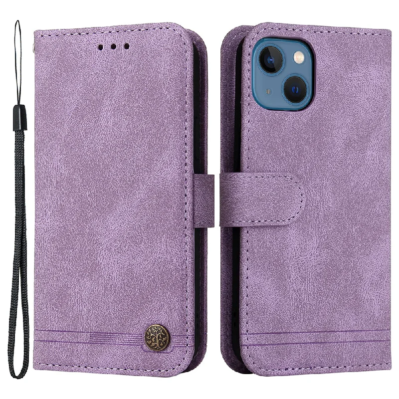 Tree Pattern Metal Button Decor PU Leather Phone Shell Stand Wallet Case with Strap for iPhone 13 6.1 inch