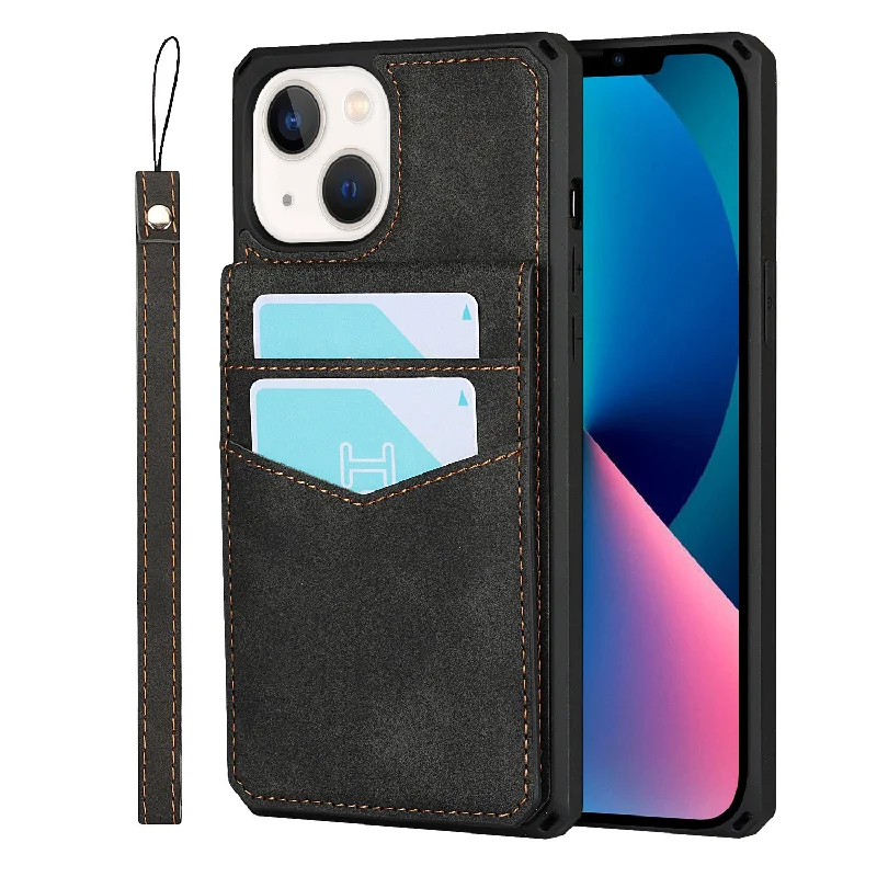 Vertical Flip Card Slots Design Anti-scratch Skin-touch PU Leather Coated TPU Phone Case with Kickstand for iPhone 13 6.1 inch