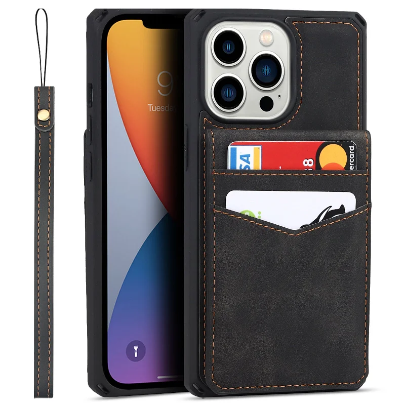 Vertical Flip Card Slots Design Button Closure Skin-touch Well-protected PU Leather Coated TPU Phone Case with Kickstand for iPhone 13 Pro 6.1 inch