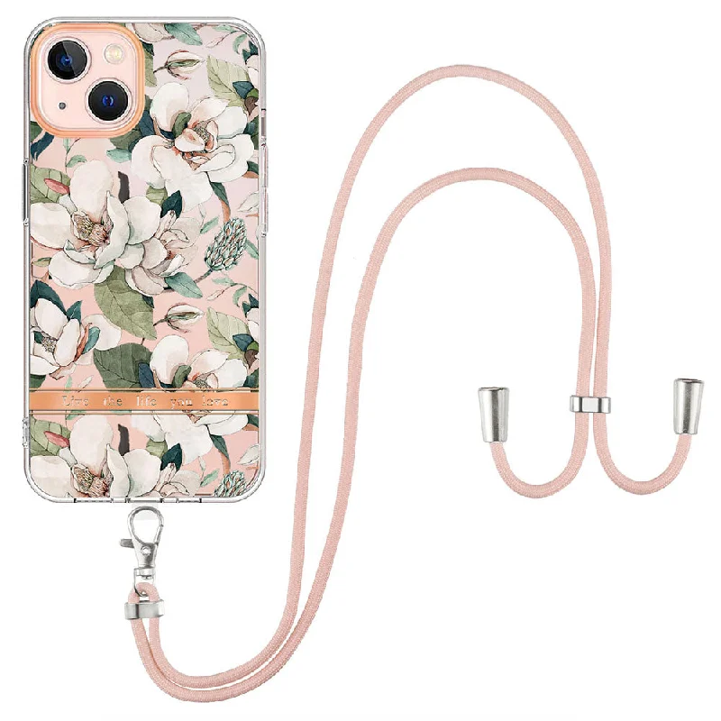 YB IMD Series TPU Phone Case for iPhone 13 6.1 inch, Adjustable Shoulder Strap Electroplated Flower Patterns IML Phone Cover